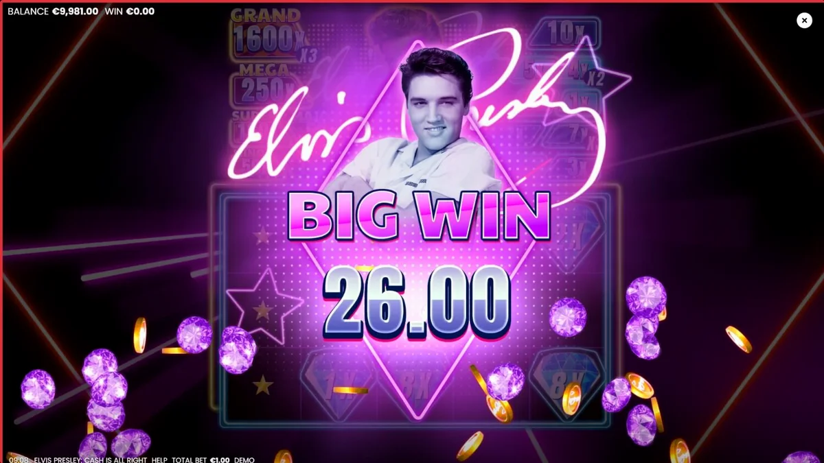 Tampilan visual neon Las Vegas dan simbol Elvis Presley dalam slot Cash is All Right
