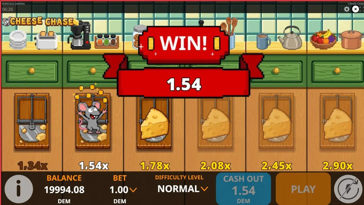 Tampilan visual retro 8-bit dari permainan slot Cheese Chase oleh Mancala Gaming
