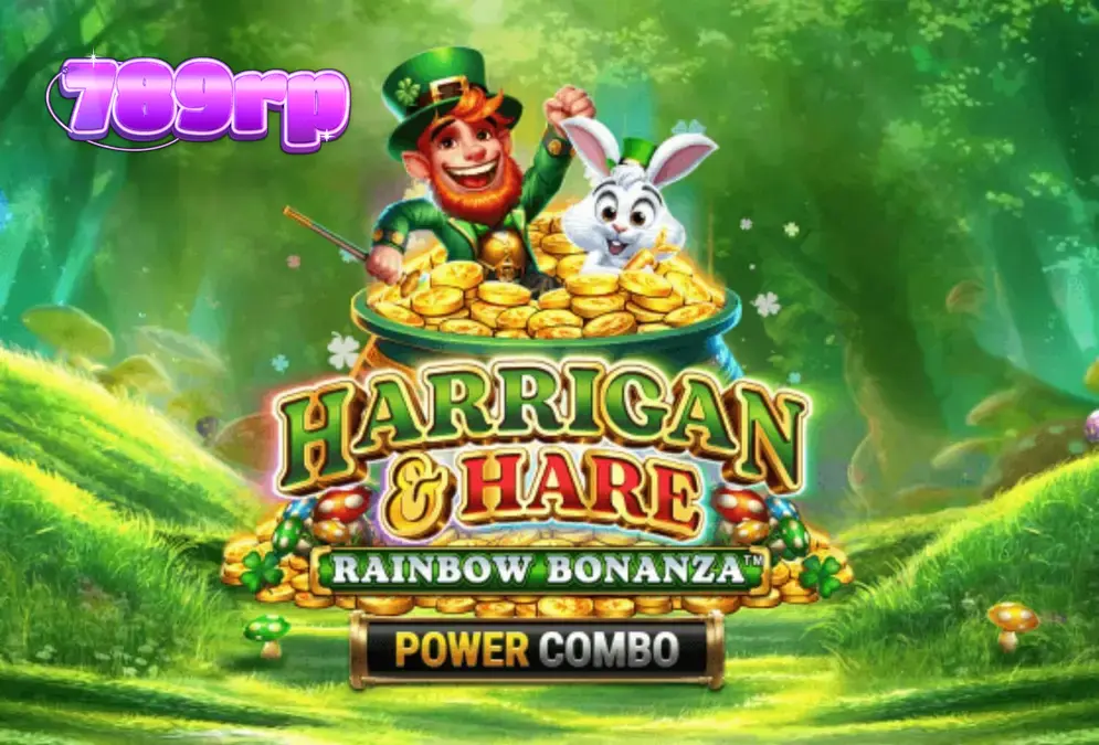 Tampilan visual slot Harrigan & Hare Rainbow Bonanza Power Combo dengan tema Irlandia yang ceria.